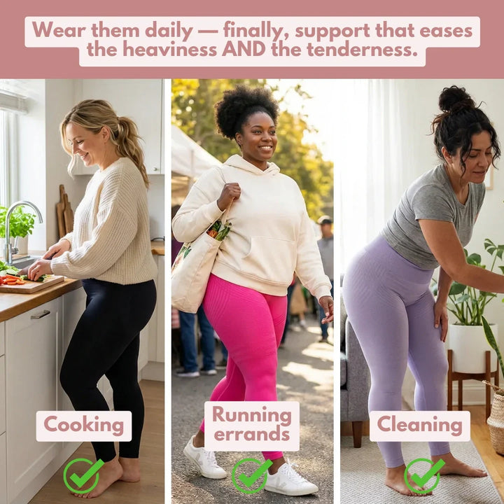 Women wearing high waisted textured leggings while cooking, running errands and cleaning