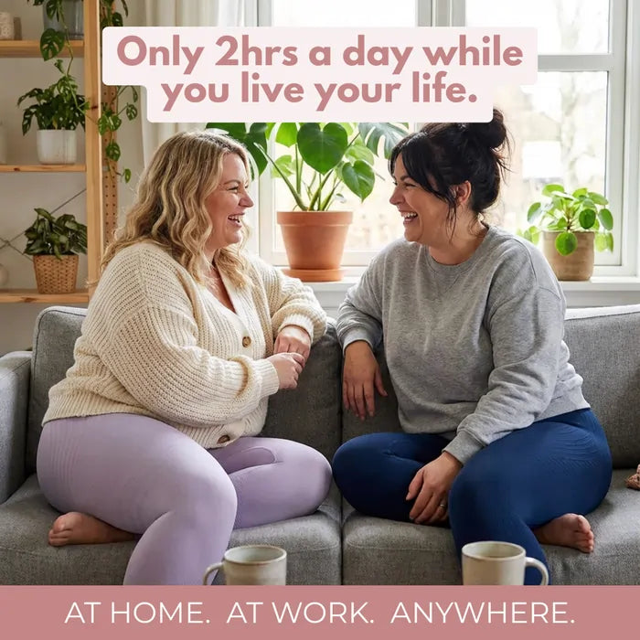 Two women relaxing at home in high waisted textured leggings