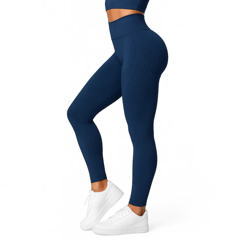 Navy high waisted leggings, full length side view with white sneakers
