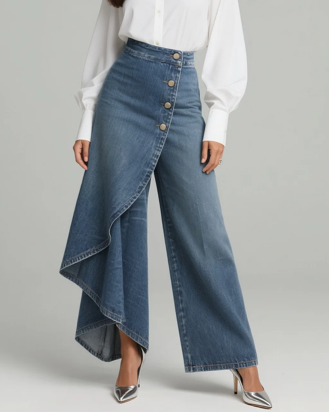 Women's high waisted wide leg jeans in light blue, front view on model