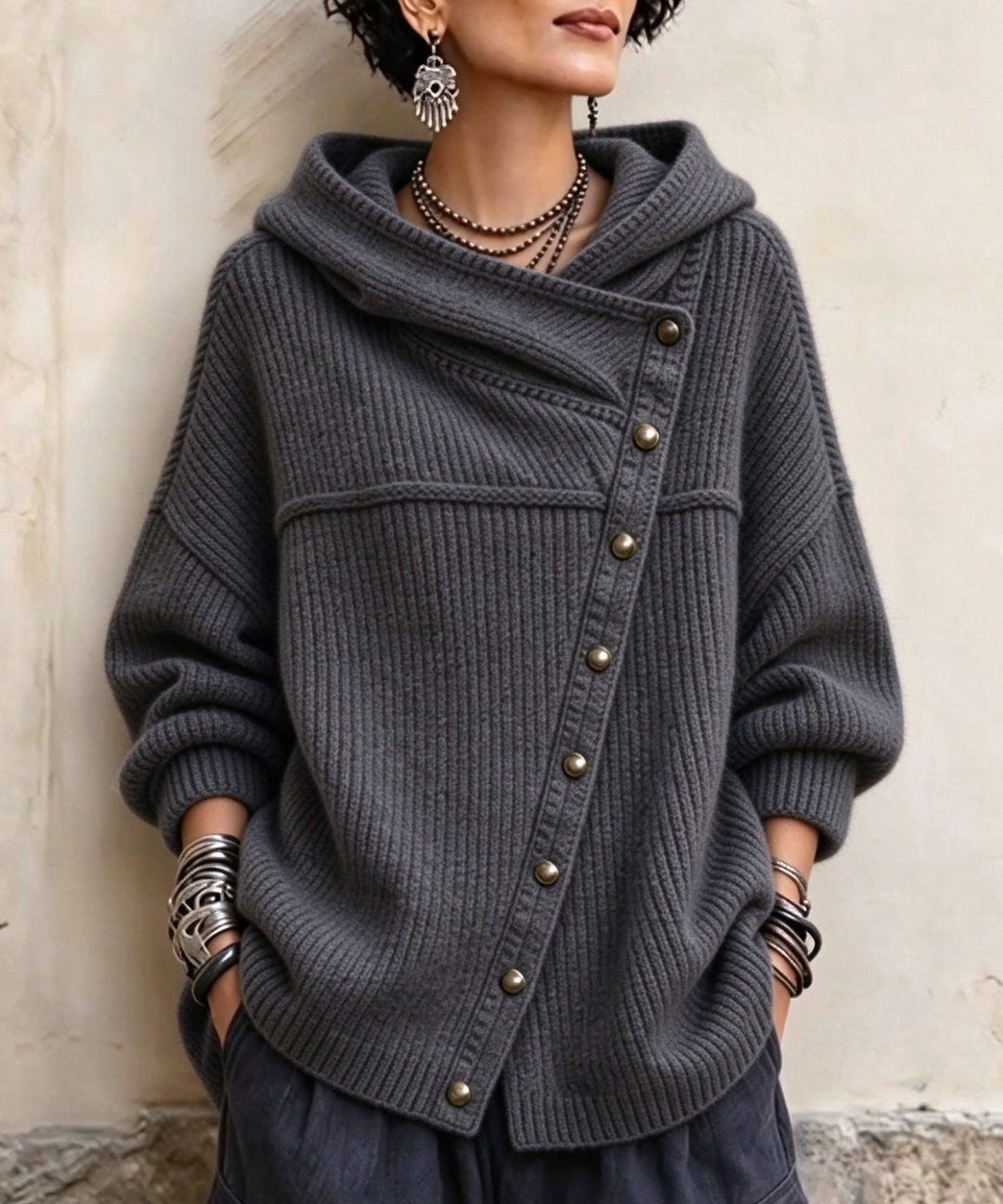 Charcoal ribbed hooded cardigan