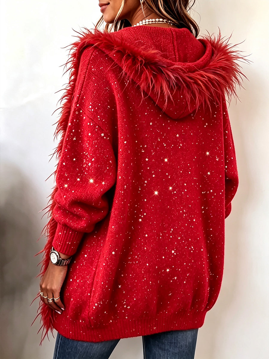 Back of the red sparkle cardigan showing the trimmed hood