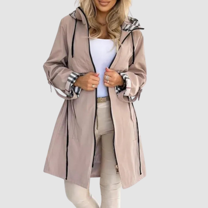 Beige knee length rain coat with hood, zipper and plaid cuff lining, open front