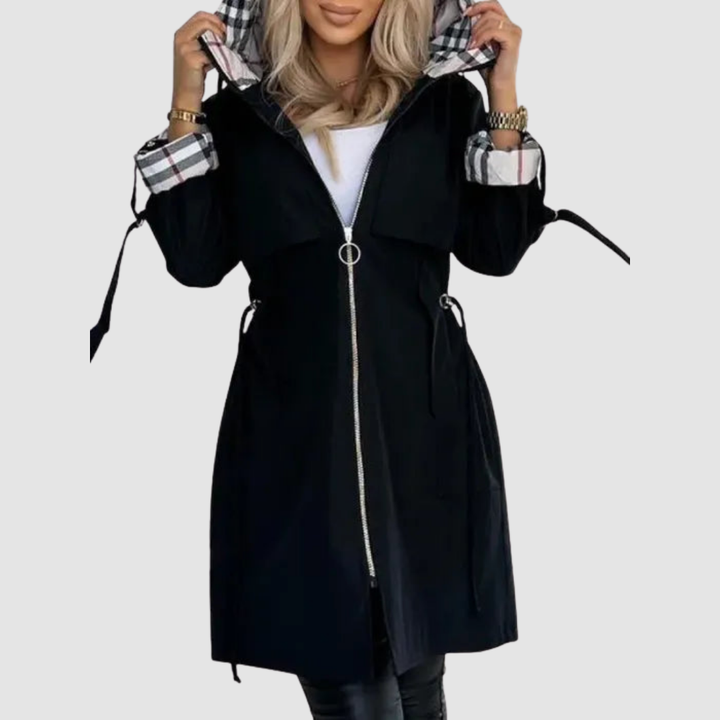 Black hooded coat with long front zipper and drawstring waist, plaid lined cuffs