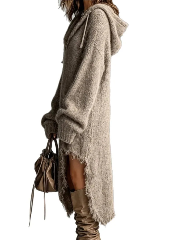 Side view of the khaki knit dress with high side slit and frayed hem