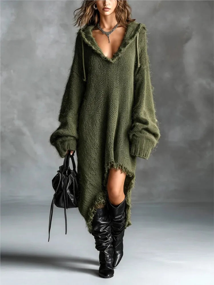Olive hooded knit dress with deep V neckline and balloon sleeves