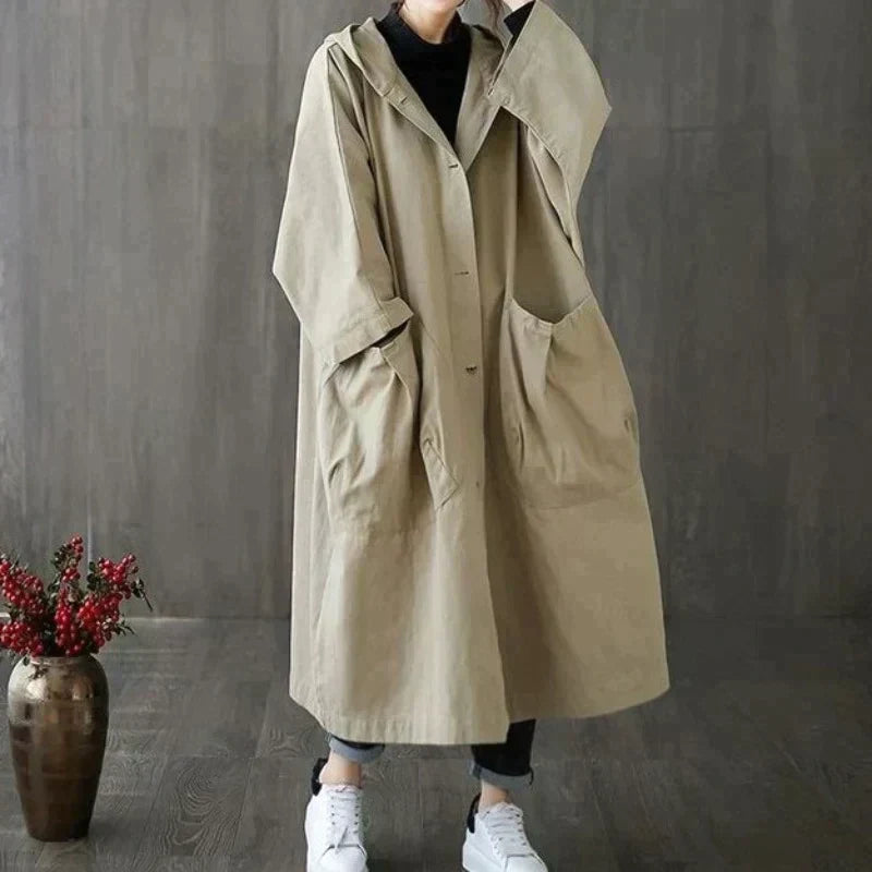 Women's hooded trench coat in khaki, oversized maxi with large patch pockets