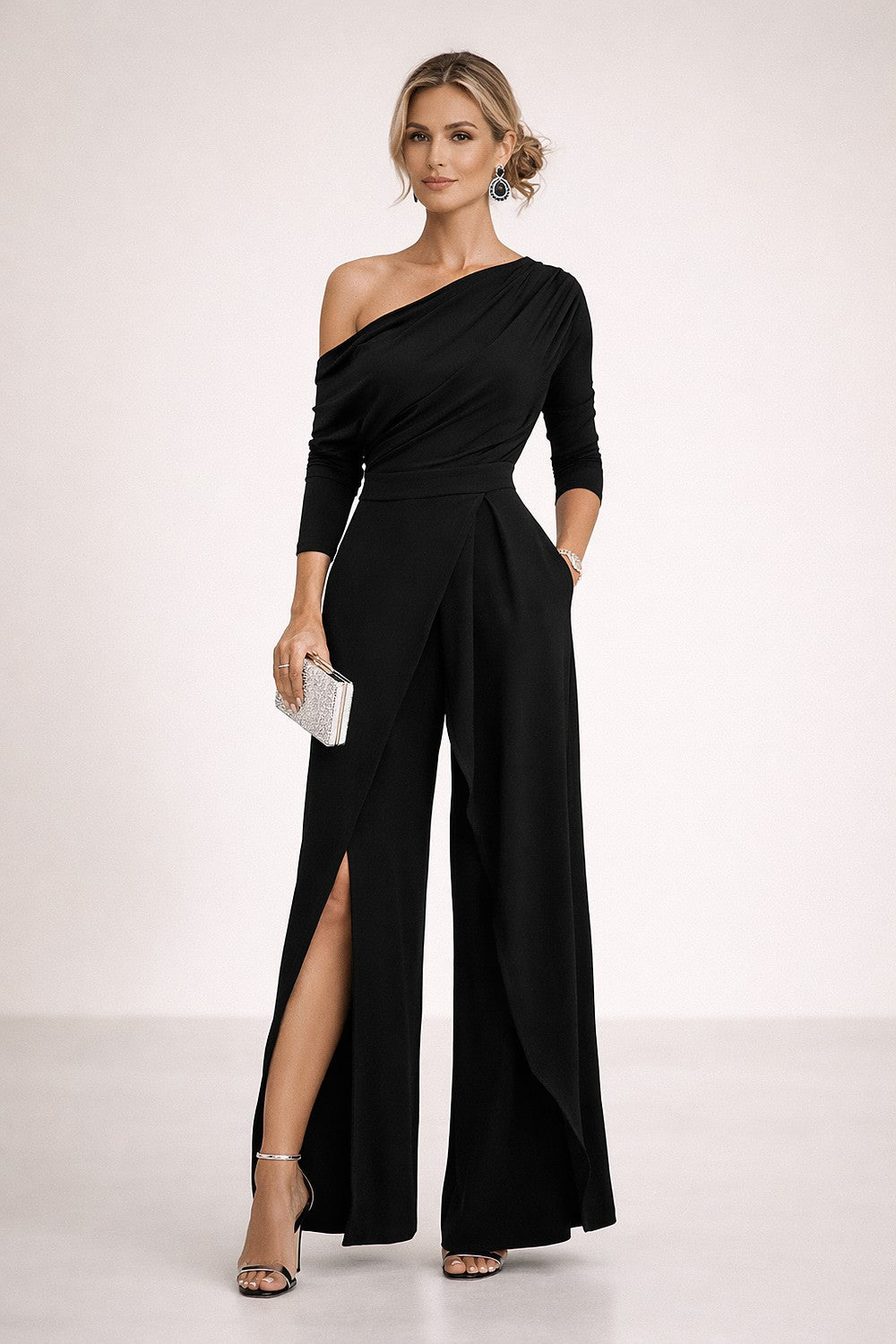 Women's jumpsuit in black, one shoulder wide leg with overlay slit