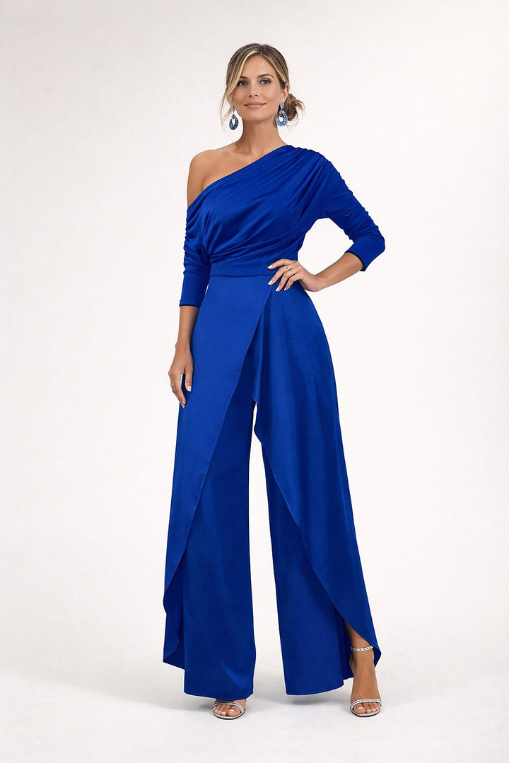 Royal blue jumpsuit with draped bodice and wide legs
