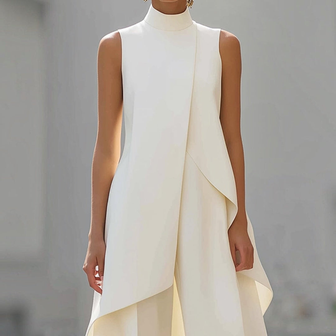 Close-up of the ivory mock neck bodice and draped front panel
