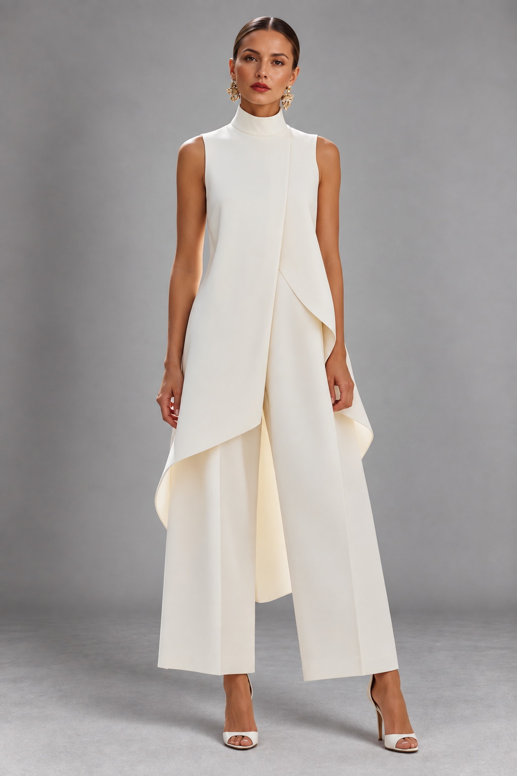 Women's jumpsuit in ivory, sleeveless mock neck wide leg with drape, front view