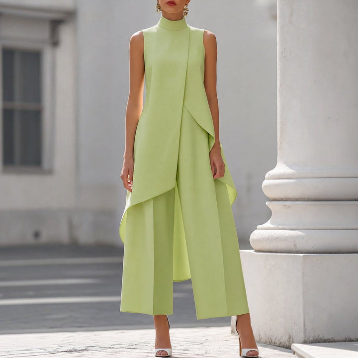 Lime green sleeveless wide leg jumpsuit with draped front overlay