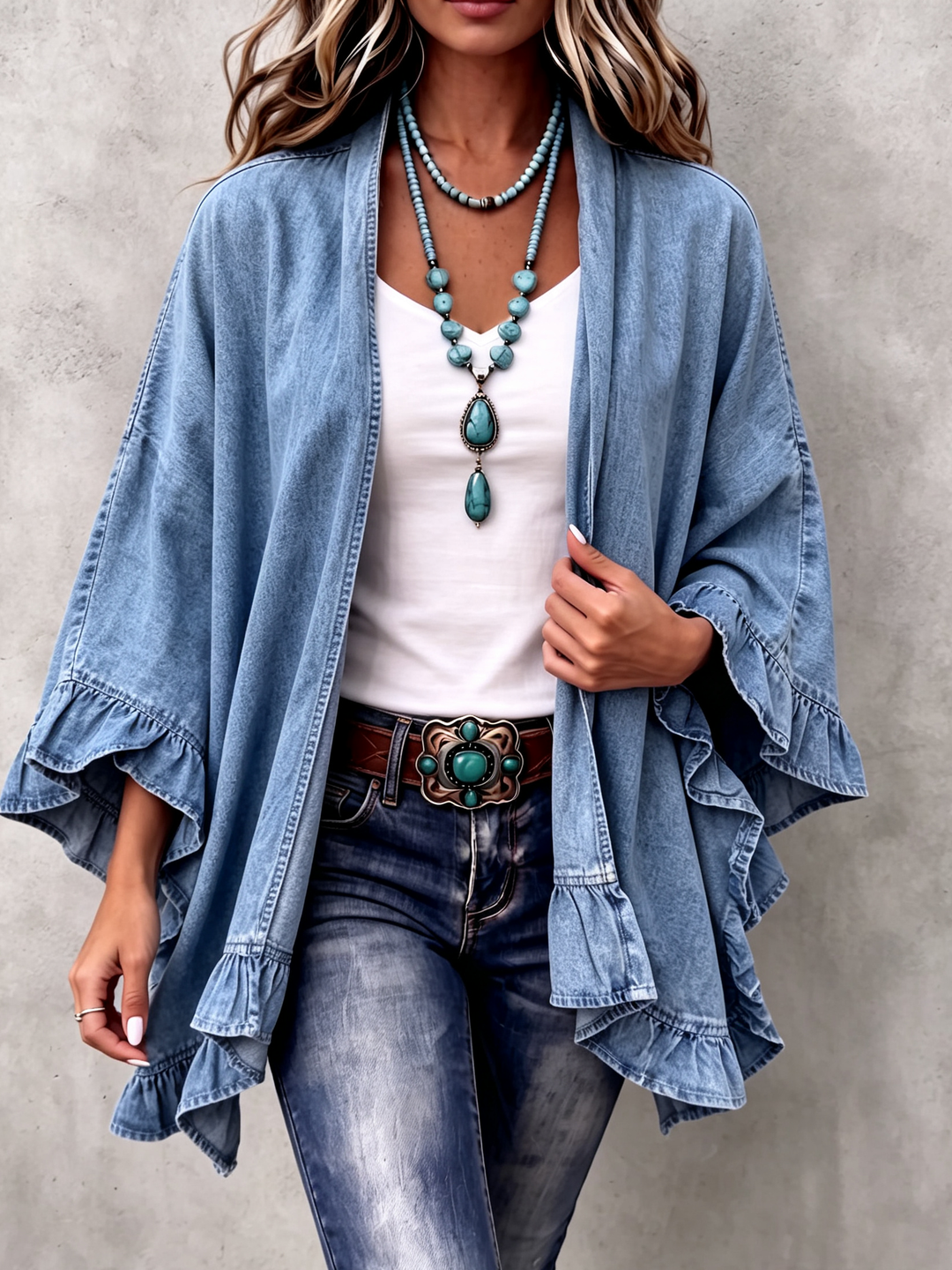 Denim-look kimono worn over a white tank with a turquoise necklace and tooled belt