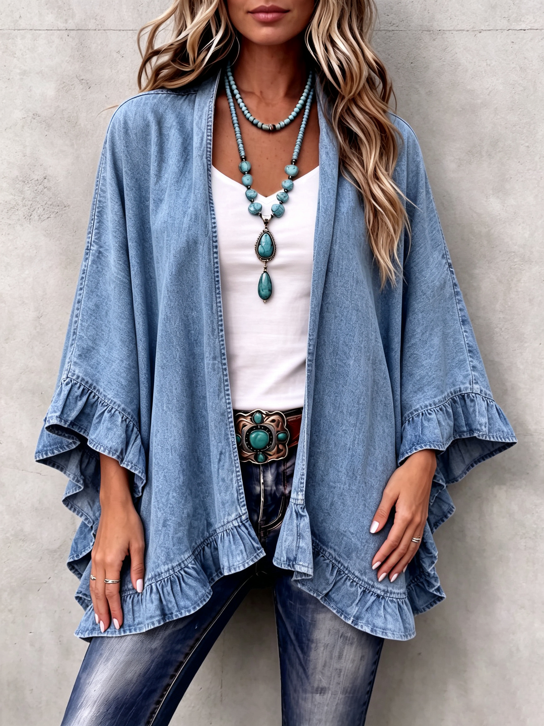 Open kimono layer with wide ruffled sleeves falling past the hips