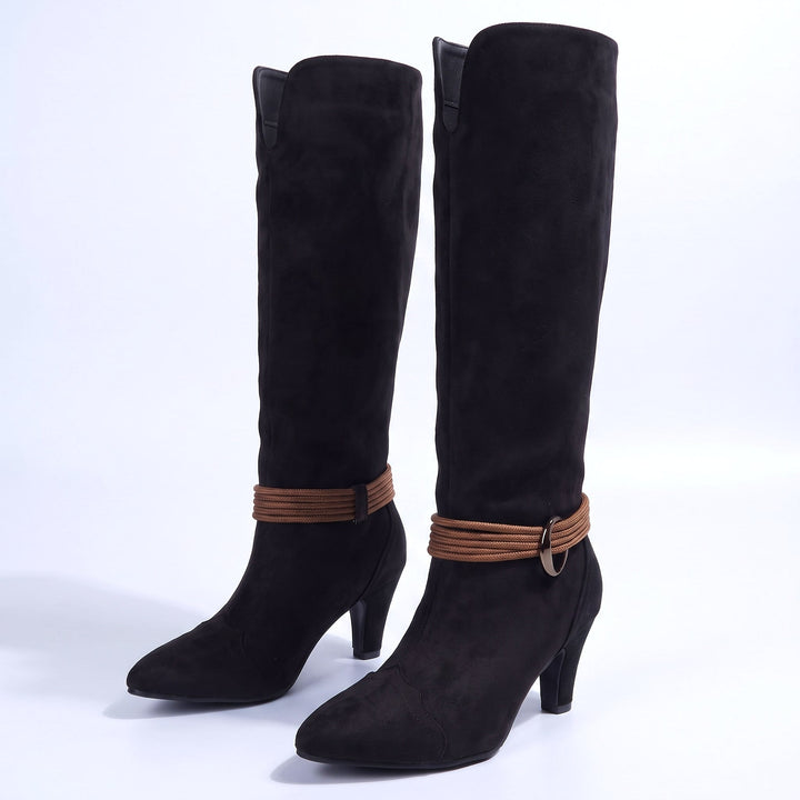 Black suede-look knee high boots with a buckle strap at the ankle, pair view
