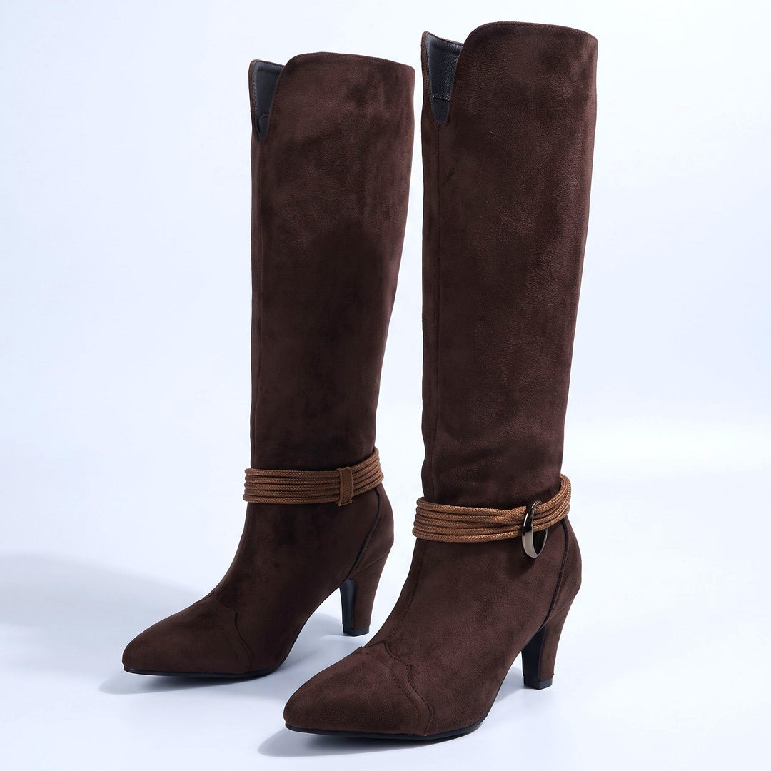 Chocolate suede-look knee high boots with a buckle strap at the ankle, pair view