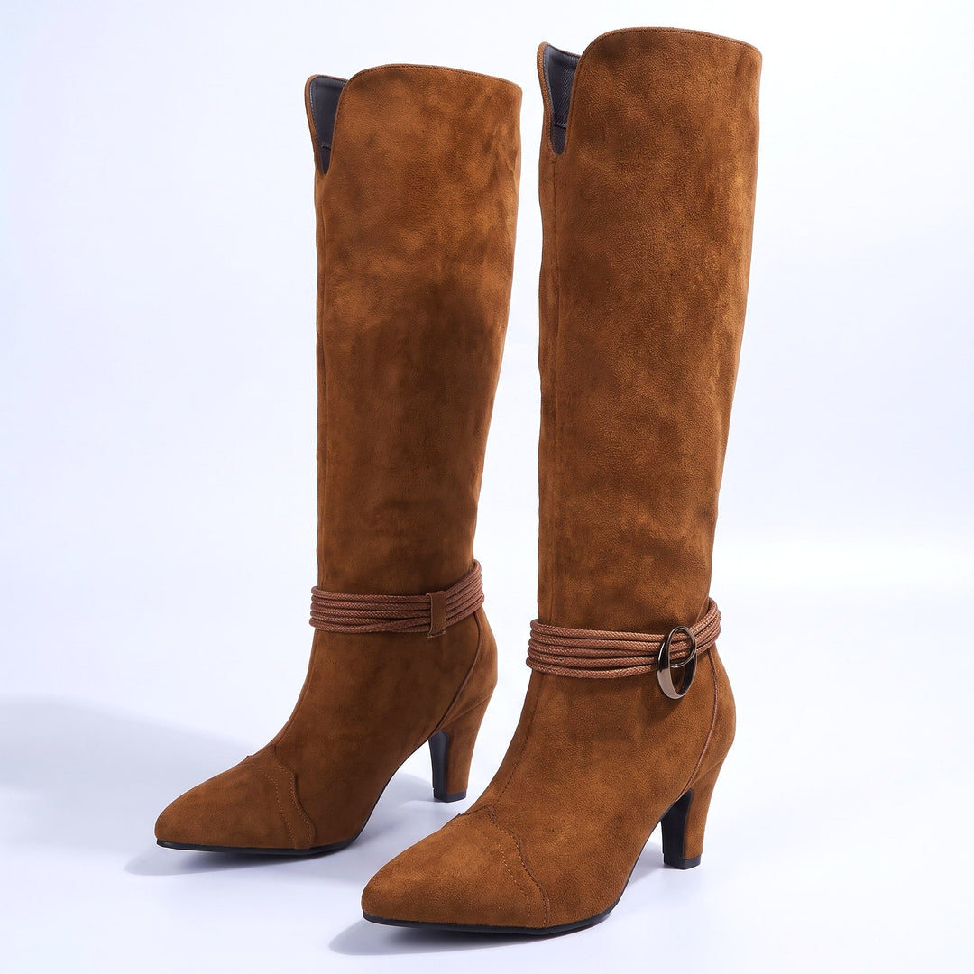 Tan suede-look knee high boots with a buckle strap at the ankle, pair view