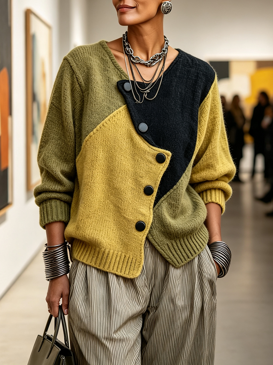 Color block sweater styled with striped pants and an olive tote in a gallery