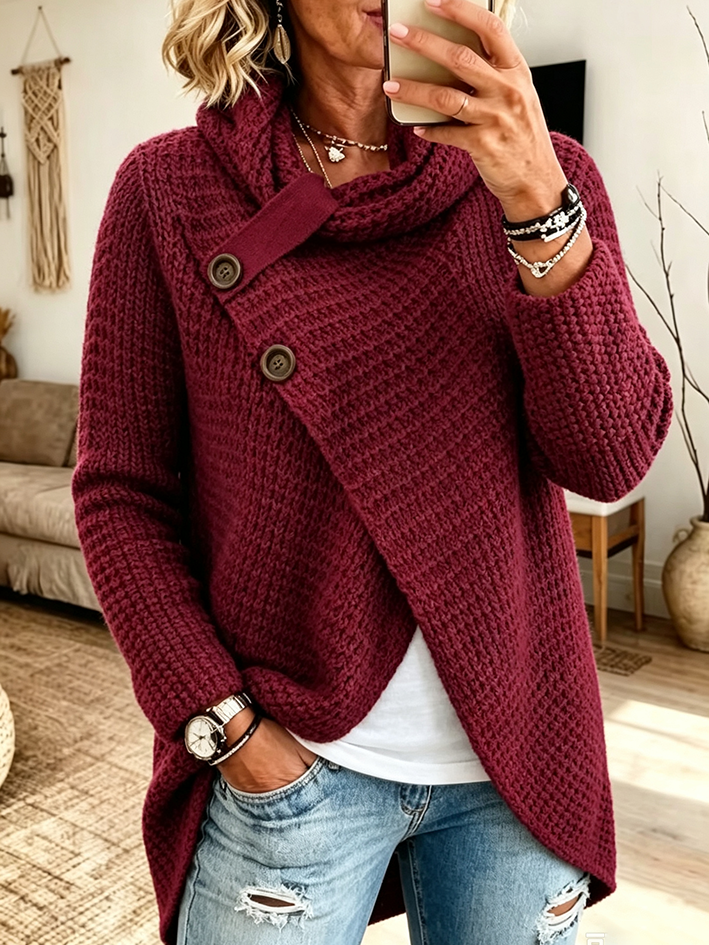 Burgundy wrap front sweater layered over a white tee