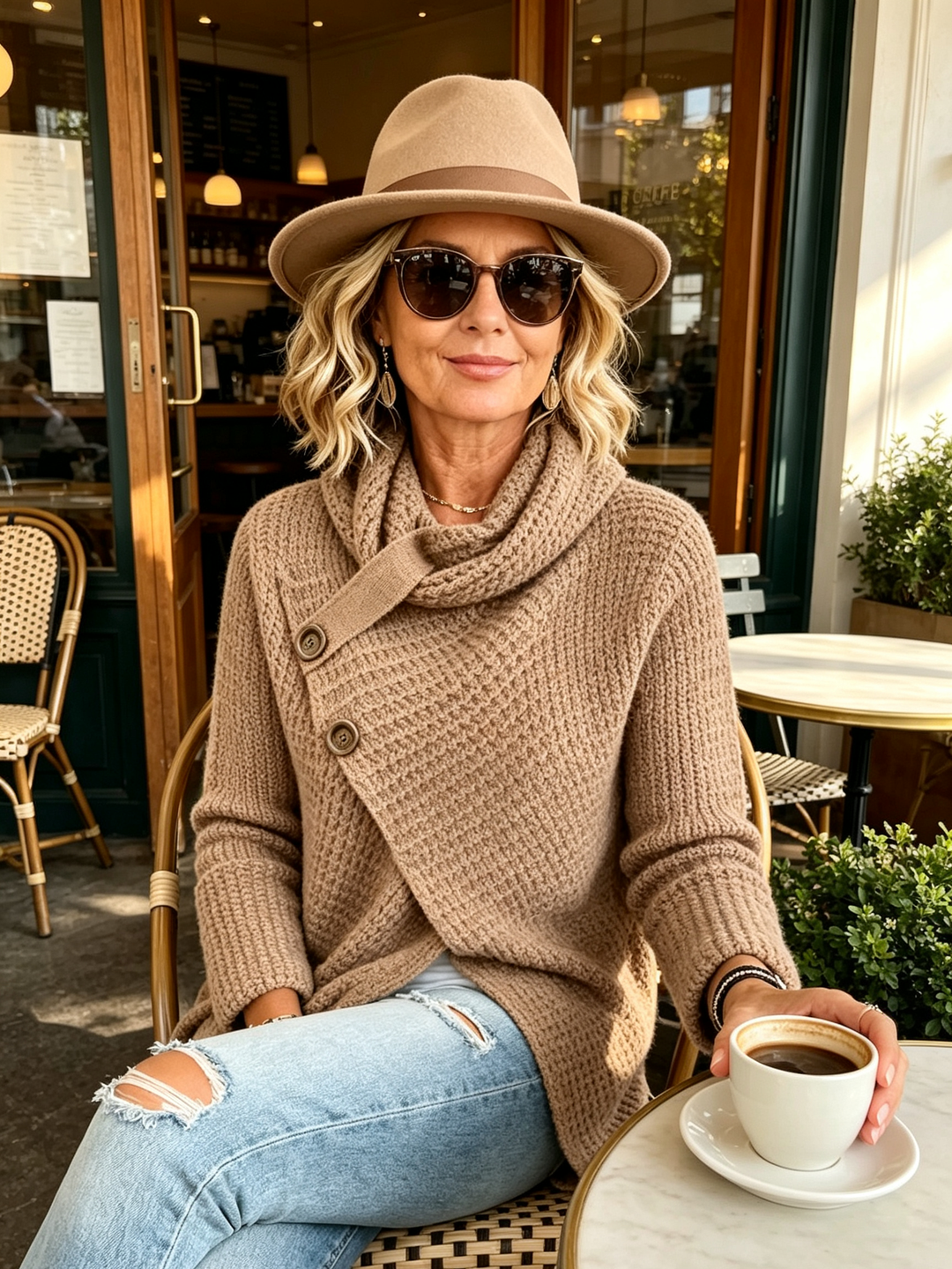 Woman in the camel cowl neck sweater with a fedora at a cafe table