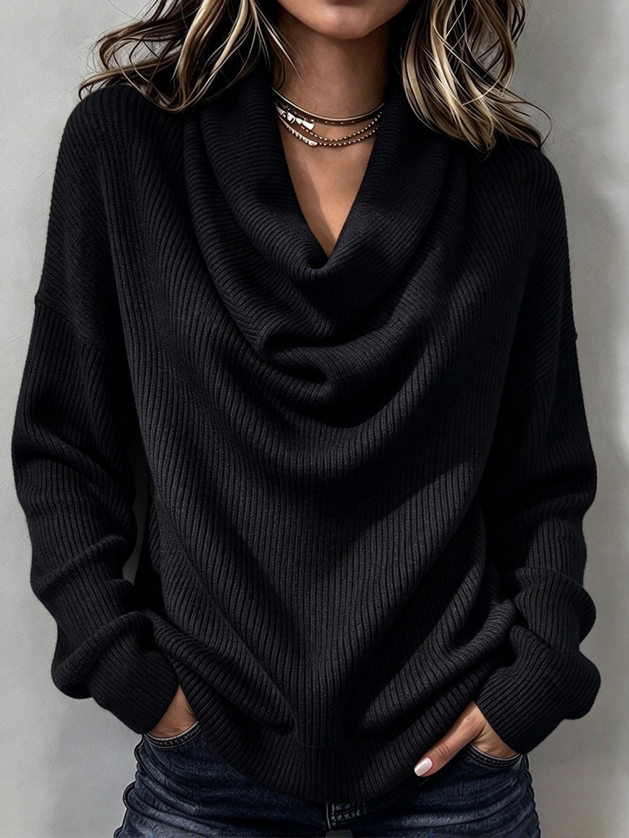 Black cowl neck sweater with fine rib and long sleeves