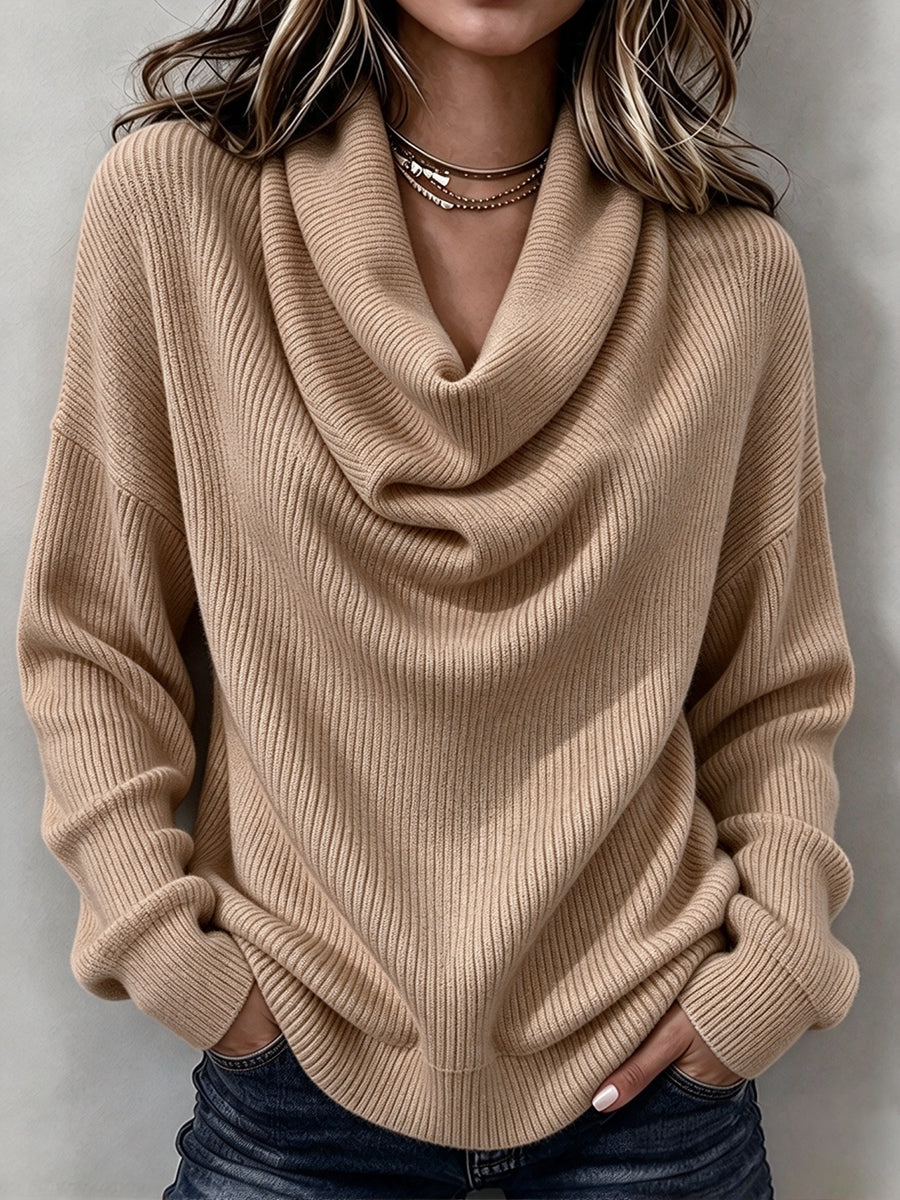 Camel ribbed sweater with soft cowl neck and dropped shoulders
