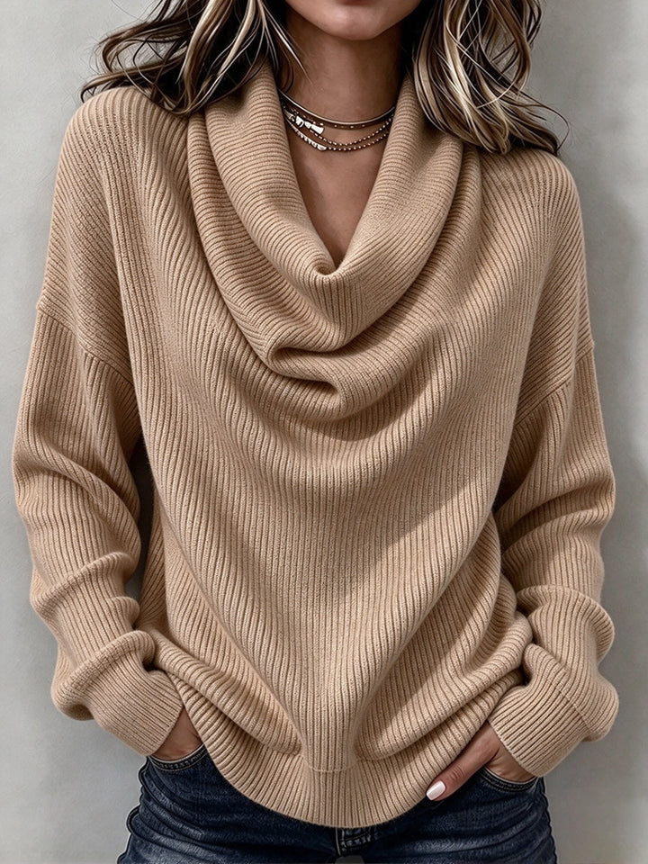 Camel ribbed sweater with soft cowl neck and dropped shoulders