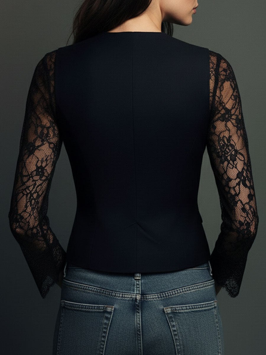 Back view of the black lace blazer with lace sleeves