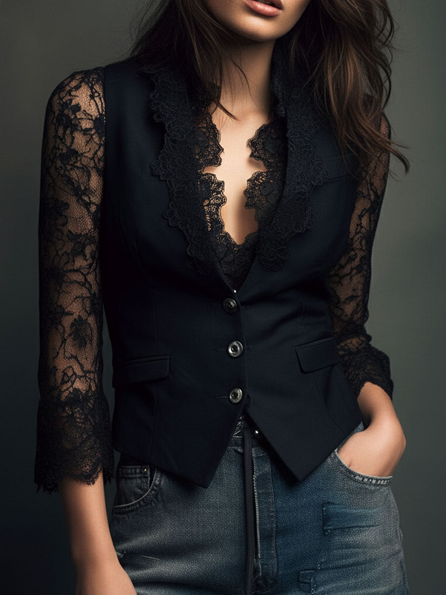 Black lace blazer front view with scalloped lace sleeve cuffs