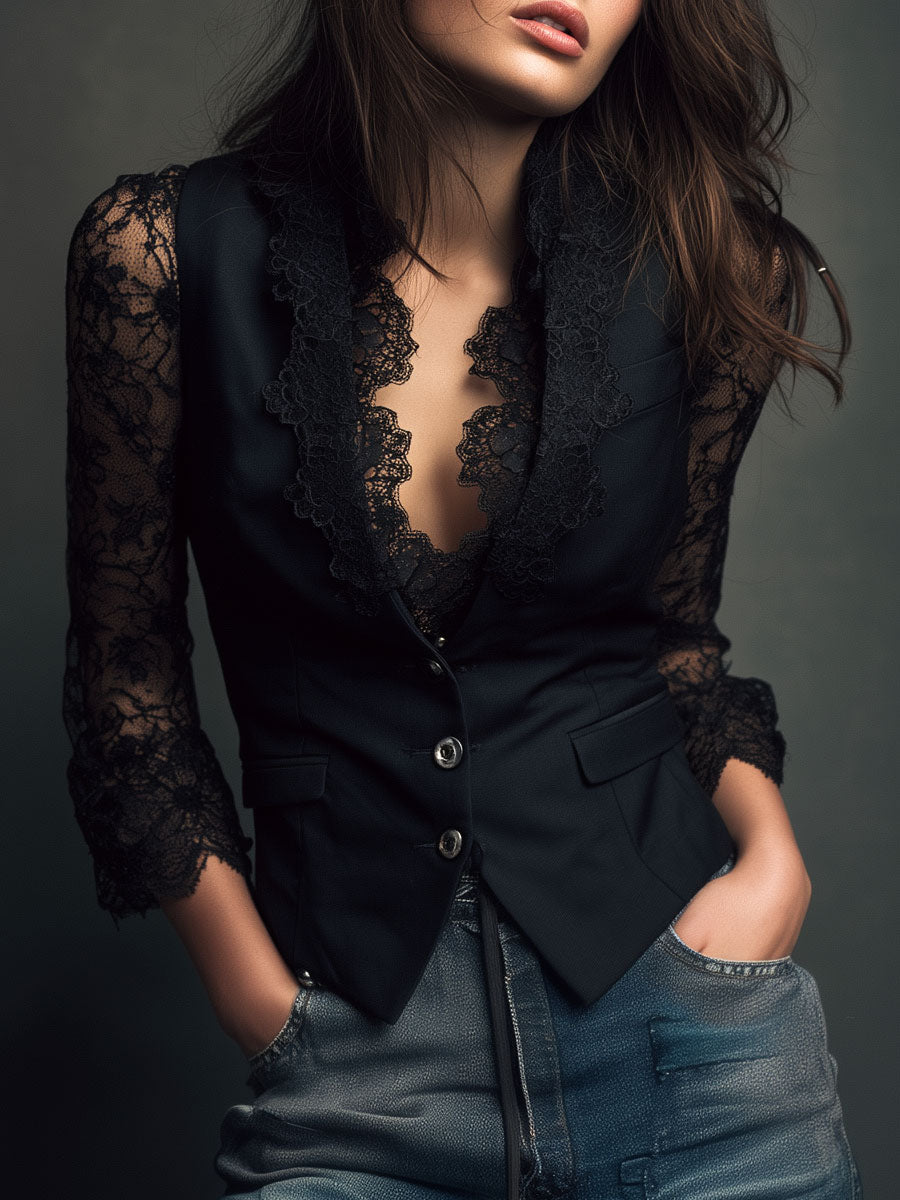 Women's lace blazer in black, fitted top with lace sleeves