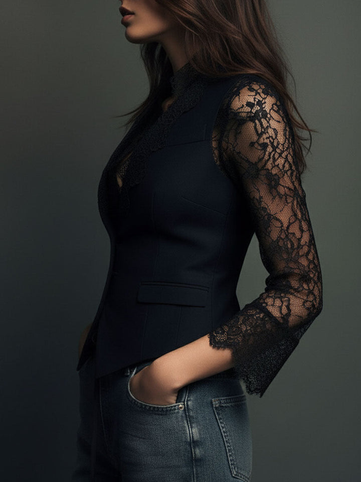 Black lace blazer side view with scalloped lace cuff