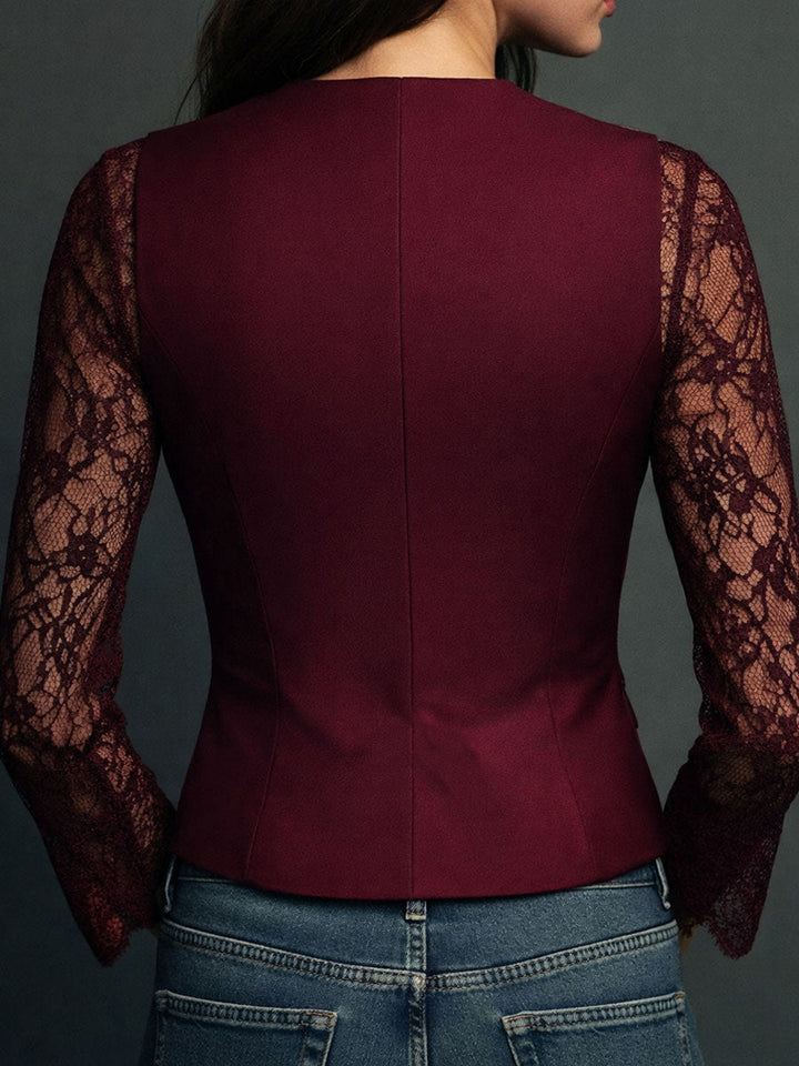 Back view of the burgundy lace blazer with lace sleeves