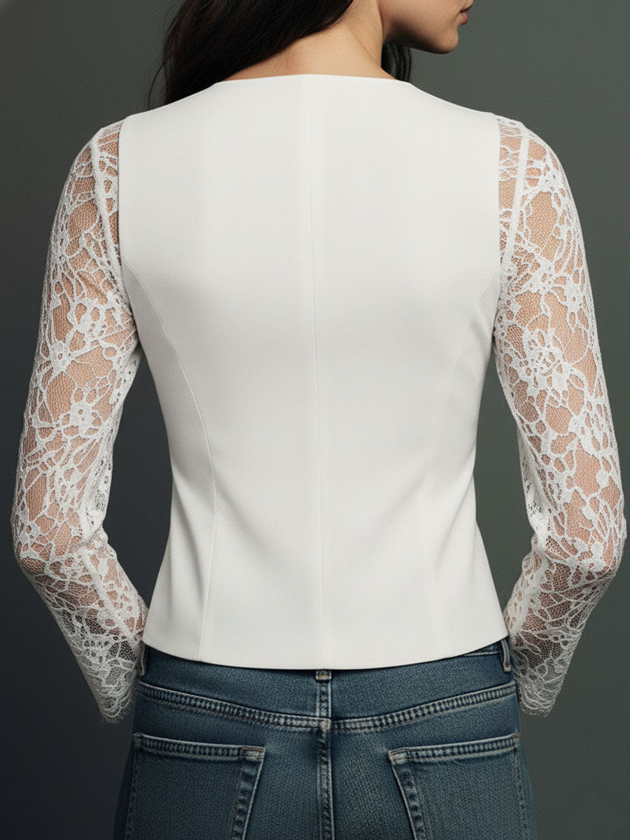 Back view of the white lace blazer with sheer lace sleeves