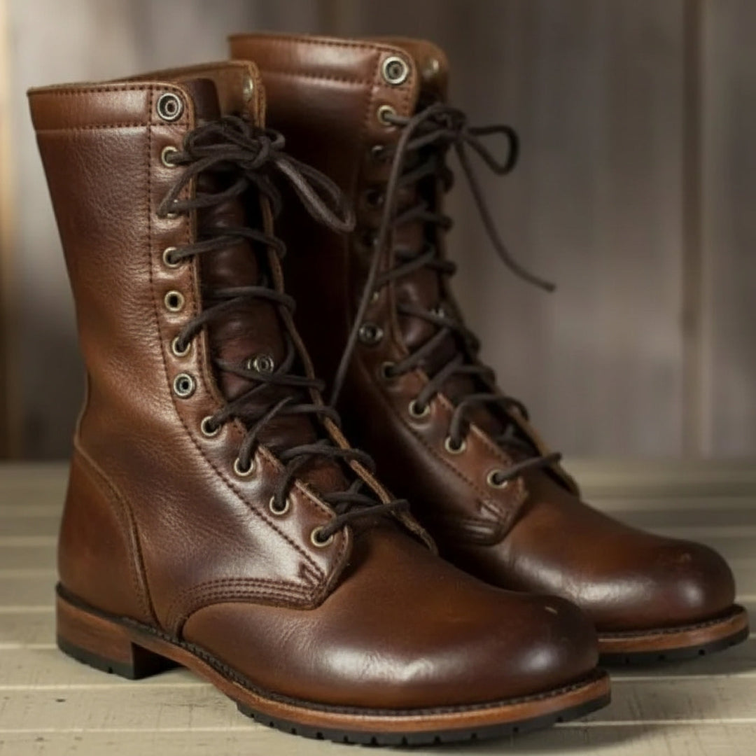 Women's lace up boots, combat style mid calf in dark brown