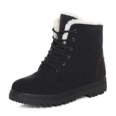 Women's lace up snow boots in black, ankle winter boots with faux fur collar