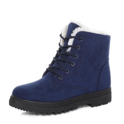 Navy suede-look lace up ankle boot with white plush collar and lug sole