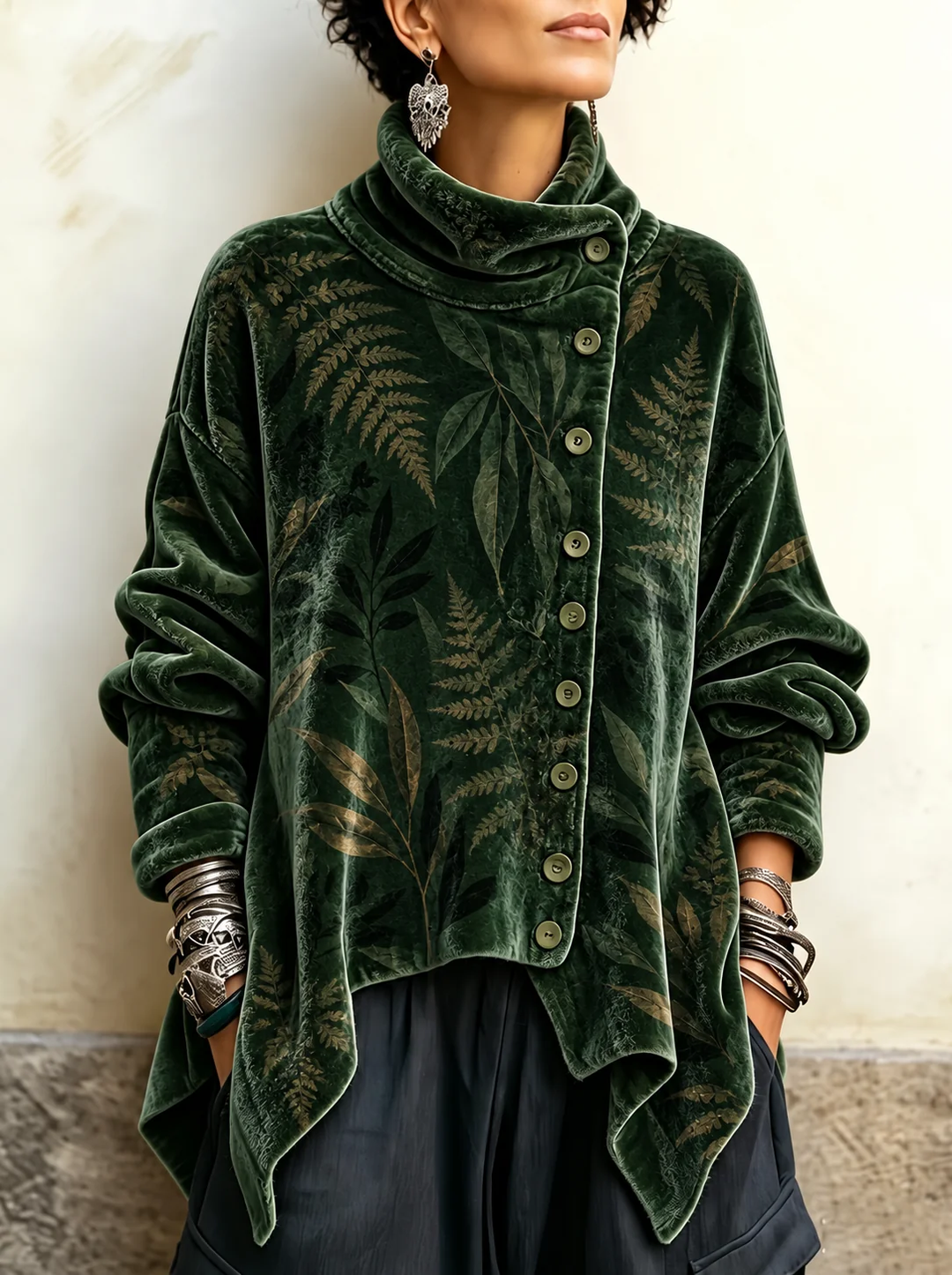 Women's leaf print velvet top in dark green with turtleneck