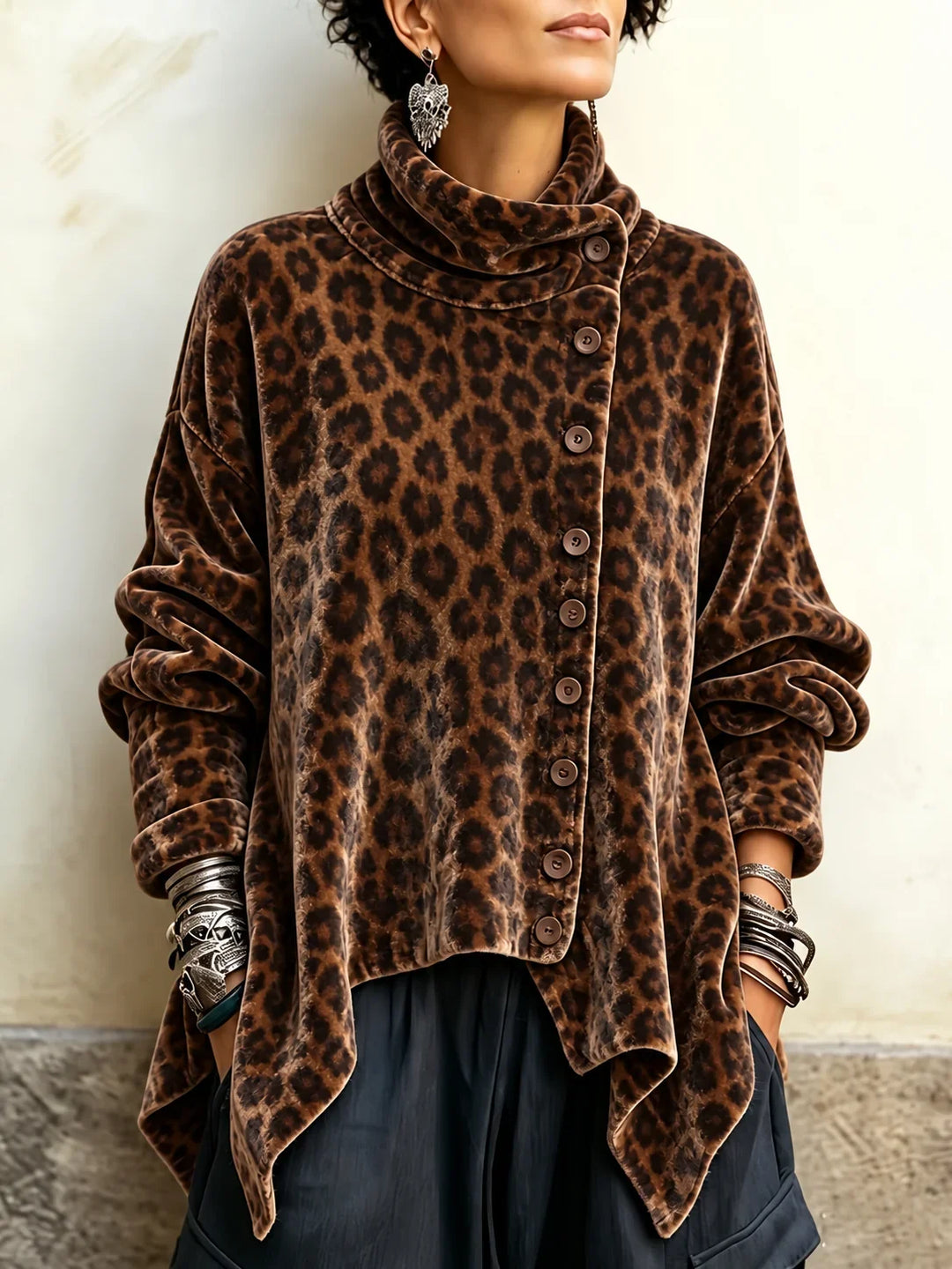 Women's leopard print velvet top in brown with turtleneck