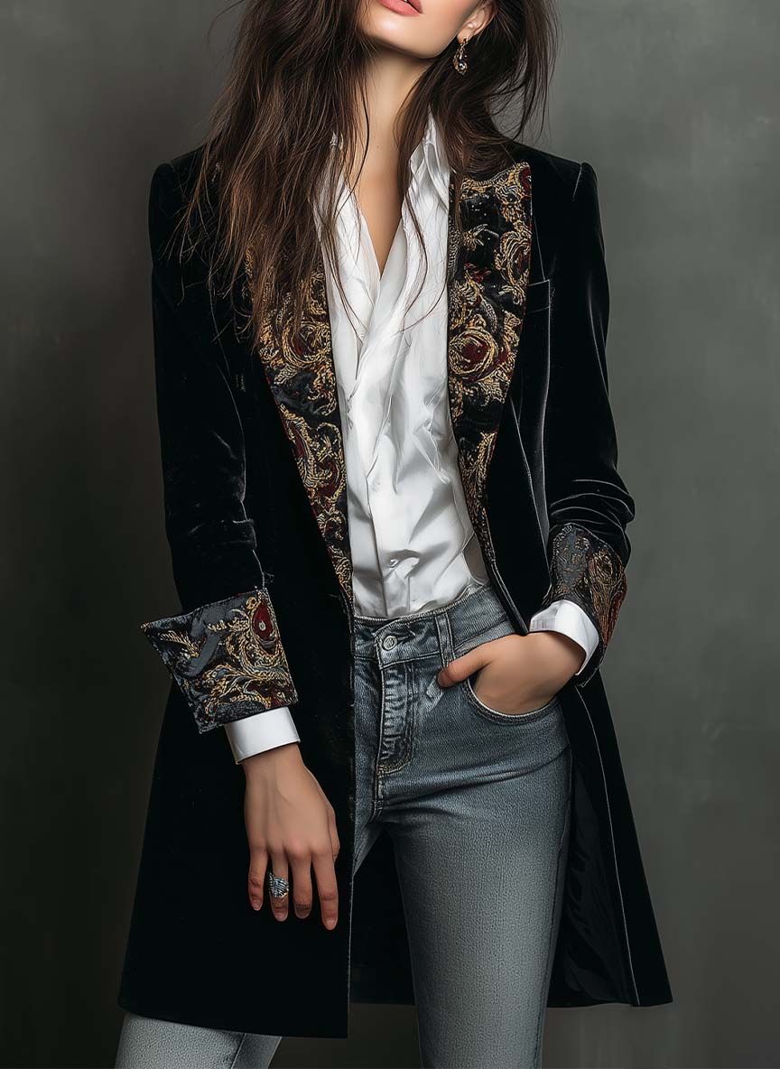 Women's long blazer in black, velvet-look with paisley lapels and cuffs