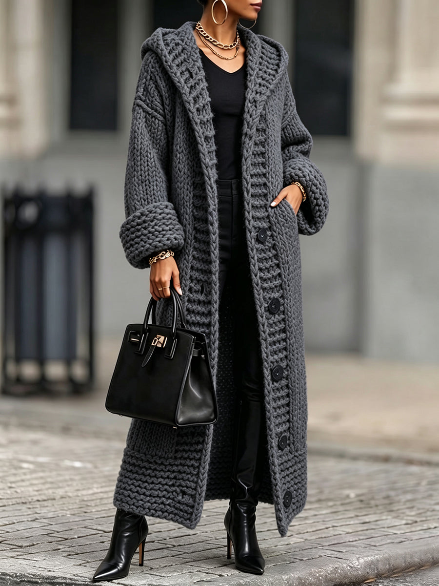 Charcoal hooded knit cardigan with button front and deep ribbing