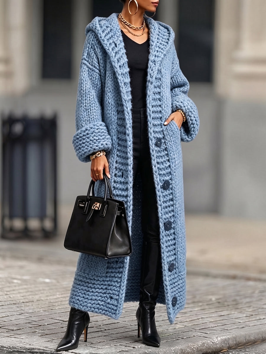 Light blue chunky knit cardigan falling to the ankles