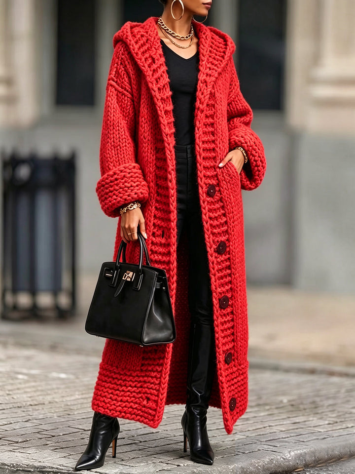 Red chunky hooded cardigan with thick turned-back cuffs