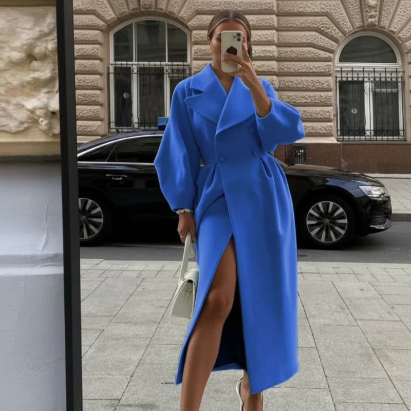 Blue double breasted long coat with a front slit, mirror selfie