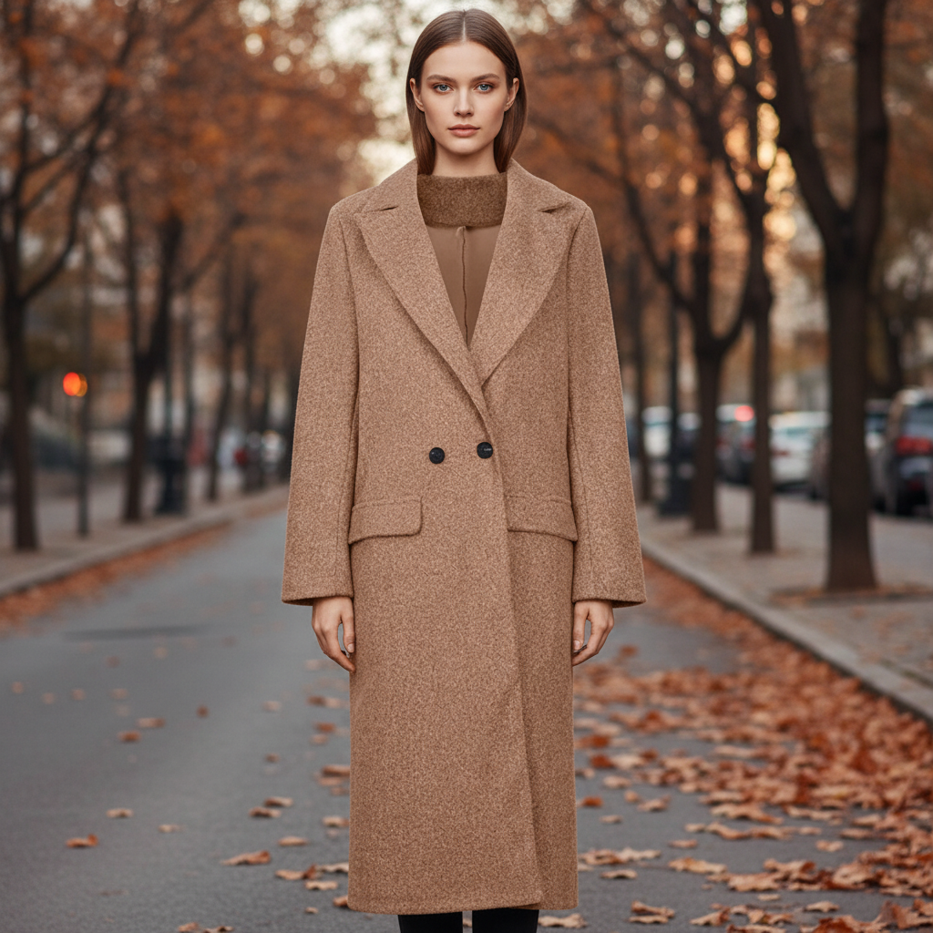 Women's long coat, double breasted with notch lapels, photo 1
