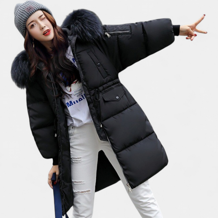 Black long puffer coat with fur trimmed hood and drawstring waist