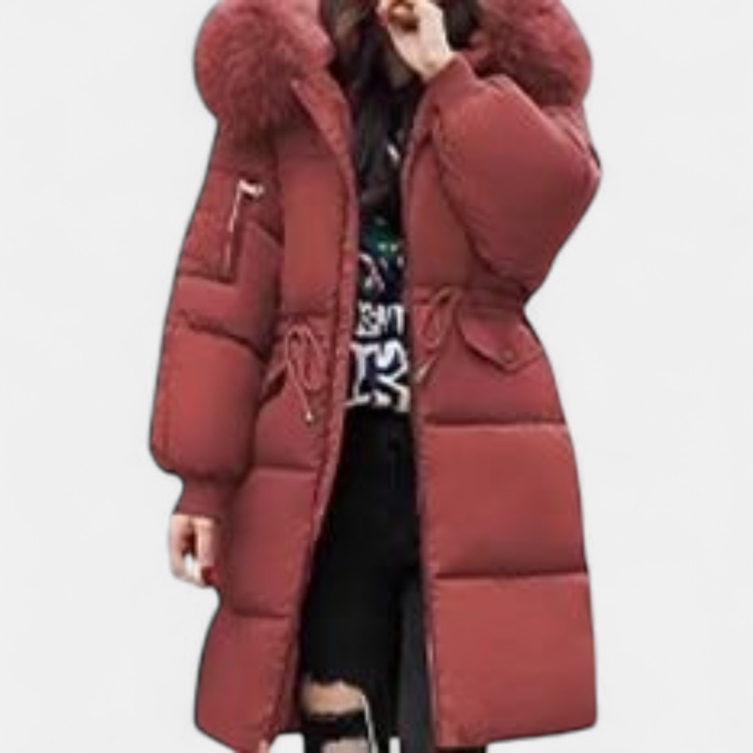 Brick red long puffer coat with faux fur trimmed hood