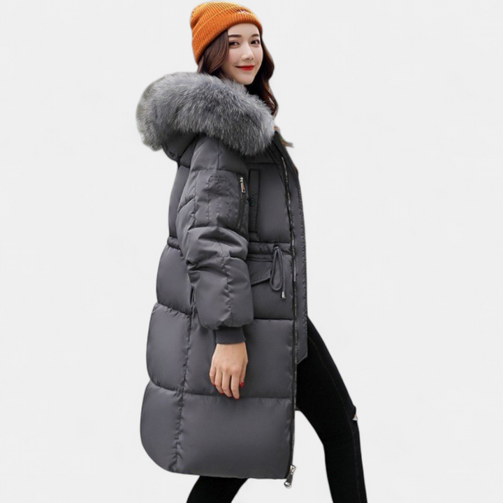 Dark gray quilted puffer coat with gray faux fur hood trim