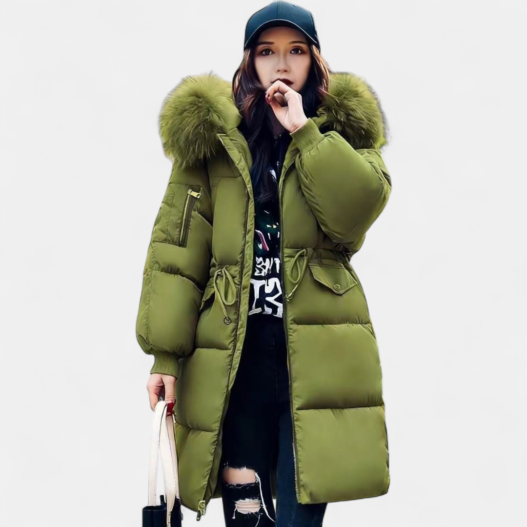 Light green quilted coat with drawstring waist and side pockets
