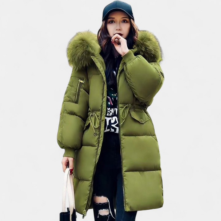Light green quilted coat with drawstring waist and side pockets