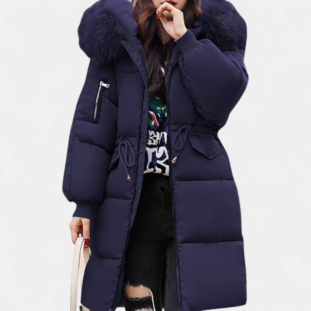 Navy quilted winter coat falling below the knee